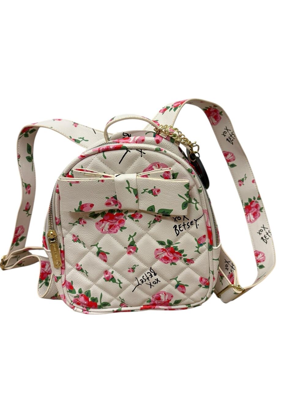 Betsey Johnson Garden Party Quilted Floral Backpack Bow White Pink Roses Clean - Picture 1 of 11